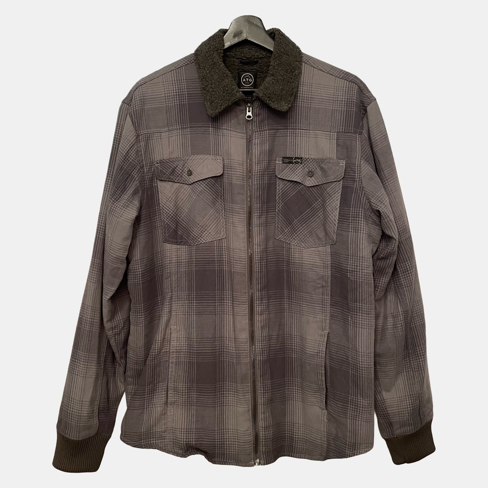 ATG x Wrangler Mens Grey Plaid Sherpa Lined Shirt Jacket Full Zip Medium